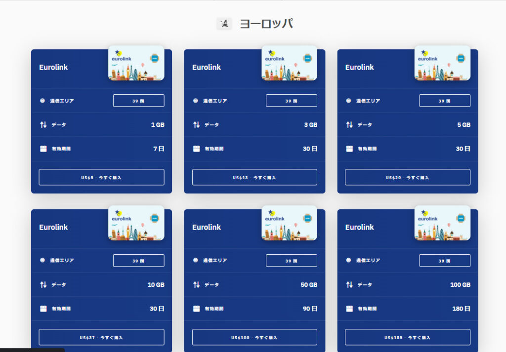 airaloプラン選択画面のスクリーンショット